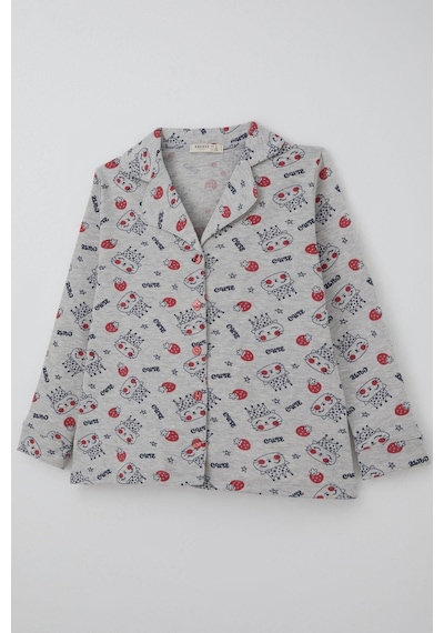 Breeze Kız Çocuk Pijama Takımı Kraliçe Kedicik & Çilek Desenli 7-11 Yaş, Açık Gri Melanj