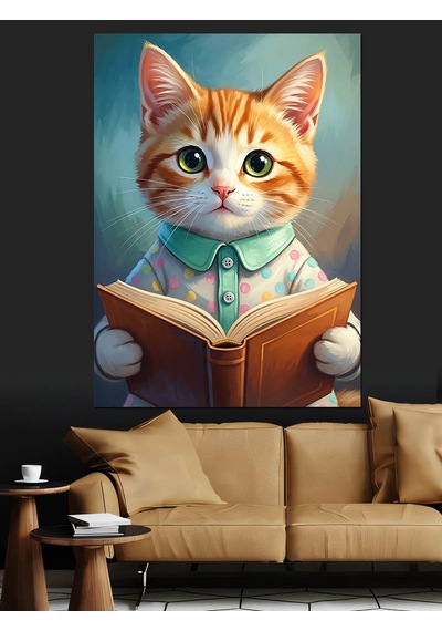 Ahşap Tablo Kitap Okuyan Sevimli Kedi