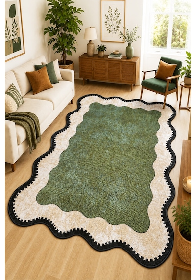 Neho Shape Green Makinede Yıkanabilir Kaymaz Taban Leke Tutmaz Dijital Salon Halısı Mutfak Halısı Ve Yolluk Asimetrik
