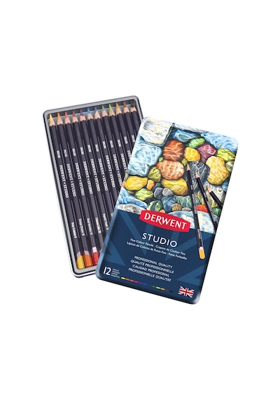 Derwent Studio Pencils Kuruboya Kalemi Teneke Kutu 12 Renk