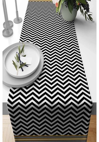 Siyah Zigzag Desenli Premium Masa Örtüsü Runner Rnr433n11