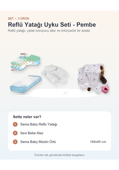 Reflü Yatağı Uyku Seti 3 Parça: Reflü Yatağı + Sevi Bebe Alez + Müslin Örtü - Pembe