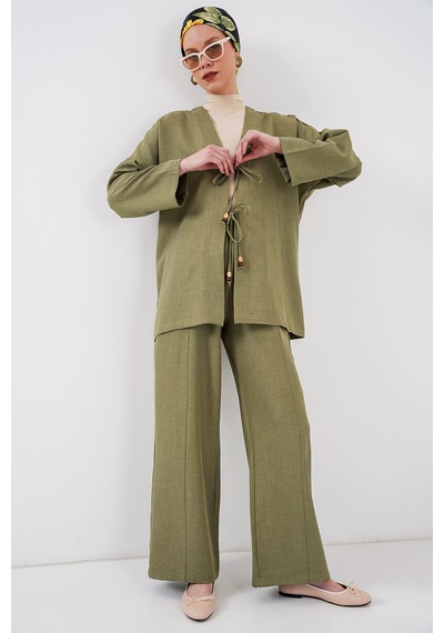 Bigdart Kadın Keten Kimono İkili Takım 6727 - Çağla