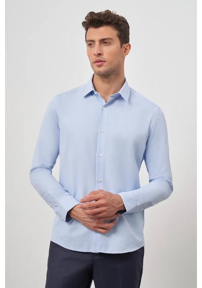 İmza Mavi Uzun Kol Kendinden Desenli Armürlü 032 Sert Yaka Classic Slim Fit Gömlek 1004245151 Mavi