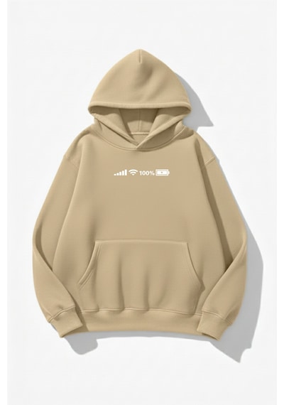 Uyguntarz Unisex Yumuşak Dokulu Phone's Icons Baskılı Tasarım Oversize 3 İplik Hoodie Sweatshirt Bej