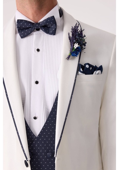 Ysf Erkek Krem Slim Fit Mono Yaka Yelekli Damatlık