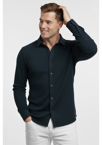 Deepsea Lacivert Slim Fit Örme Kumaş Likralı Erkek Gömlek Nefes Alan Esnek Ve Modern Tasarım 2602604 Lacivert