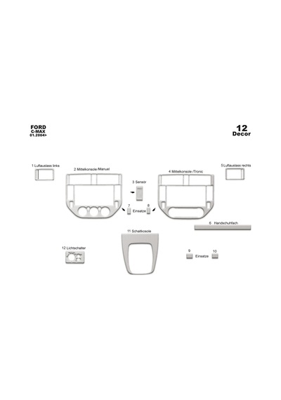 Ford C Max Torpido Kaplama 2004-2010 12 Parça Analog Klima Alüminyum