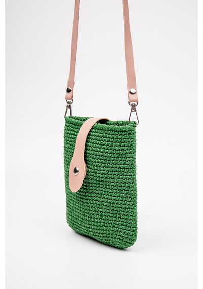 Fabric Craft Bag Çapraz Askılı Kadın Omuz Çantası Floş İplik Örgü Küçük Çanta Yeşil - Pembe