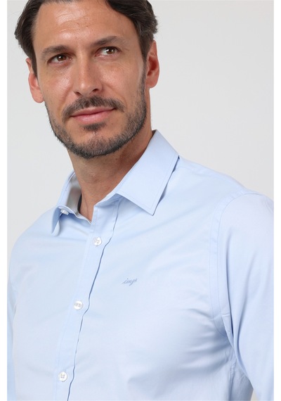 İmza Mavi Sert Yaka Uzun Kol Cepsiz Slim Fit Pamuklu Gömlek 1004260213