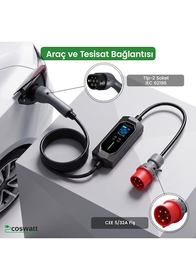 Coswatt Taşınabilir EV Şarj Cihazı CS-P3-32A / 22kW / 8m / Türkçe / 380V AC / Tip-2 / 5x32A CEE / Ev Tipi Dönüştürücü / Çanta Coswatt Taşınabilir EV Şarj Cihazı CS-P3-32A / 22kW / 8m / Türkçe / 380V AC / Tip-2 / 5x32A CEE / Ev Tipi Dönüştürücü / Çanta