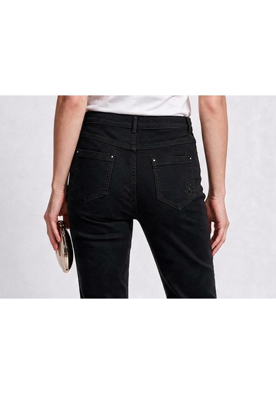 Seleste Kadın Yüksek Bel Düz Kesim Püsküllü Paça Crop Denim Pantolon Siyah