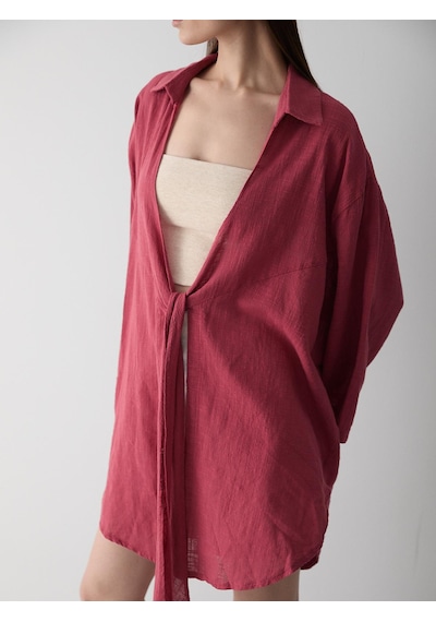 Laluvia Bordo Flam Keten Kimono Gömlek Bordo