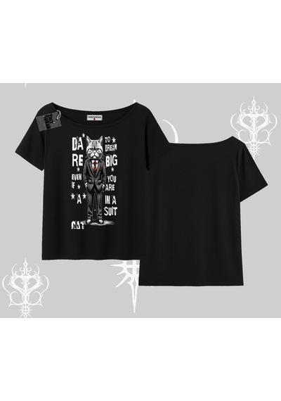 Startmore Startmore Dream Big Yazılı Takım Elbiseli Kedi Baskılı Kayık Yaka Tshirt Siyah
