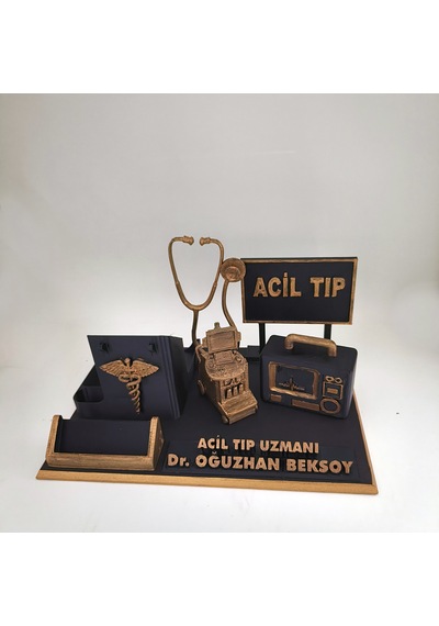 Kişiye Özel Acil Tıp Uzmanı Masa İsimliği Ve Kartvizitlik Siyah - Altın