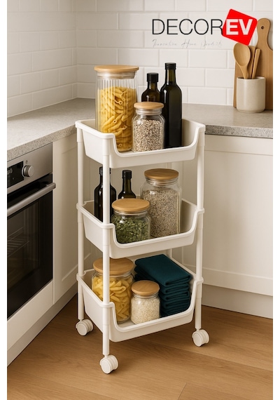 3 Katlı Tekerlekli Plastik Organizer Raf Çok Amaçlı Mutfak, Banyo Ve Ofis Düzenleyici Beyaz Dc-6821 Beyaz