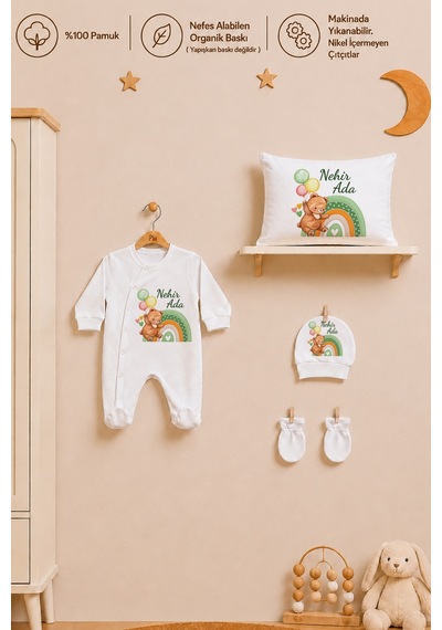 Pia Baby Kız Bebek Hastane Çıkışı 5 Parça Tulum Seti %100 Pamuk İsme Özel Organik Baskılı 2083tyb3x Ekru
