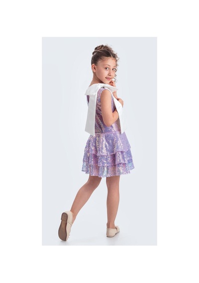 Mnk Baby & Kids Yaka Fiyonk Işıltılı Pul Payet Kumaş Kız Çocuk Abiye Elbise M00702 Lila