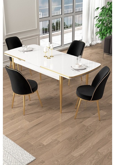 Canisa Pale Serisi 80x132 Açılabilir Beyaz Mutfak Masa Takımı 4 Krem Sandalye Gold Detay Masa Beyaz Sandalye Siyah Ayak Gold Canisa Pale Serisi 80x132 Açılabilir Beyaz Mutfak Masa Takımı 4 Krem Sandalye Gold Detay Masa Beyaz Sandalye Siyah Ayak Gold