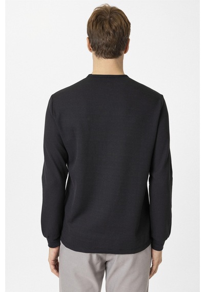 Süvari Siyah Slim Fit Armürlü Bisiklet Yaka Sweatshirt