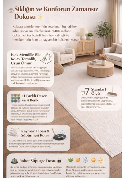 Okan Halı Krem Minimal Desenli Kaymaz Taban, 5 Mm İnce Halı Mutfak, Antre, Balkon, Salon Halısı Bej