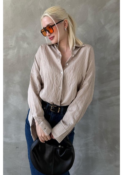 Madmext Bej Çizgili Oversize Kadın Gömlek Mg2327 Bej