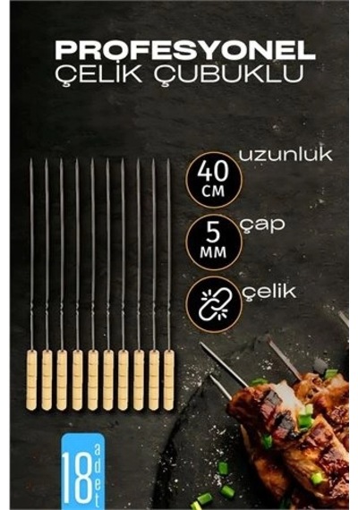 Çelik Şiş Çubuğu - Mangal Şişi Ahşap Saplı Kebap Şişi 18 Adet 721986