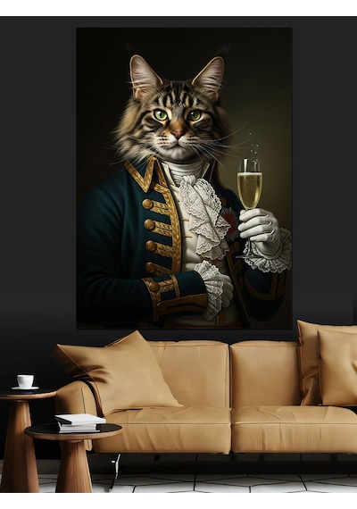 Ahşap Tablo Şampanya İçen Aristokrat Kedi