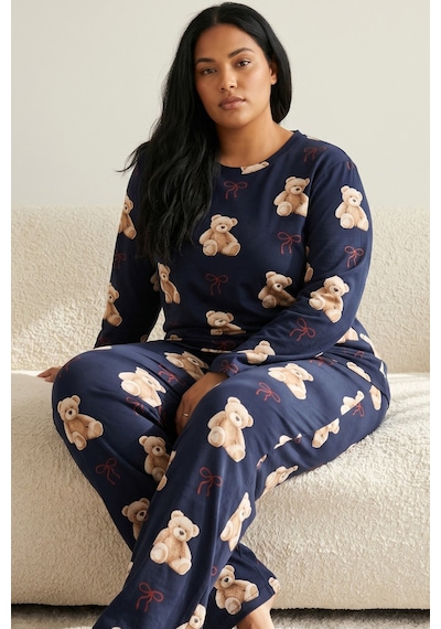 Siyah İnci Pamuklu Likralı Büyük Beden Battal Boy Örme Pijama Takım 26240879 Lacivert