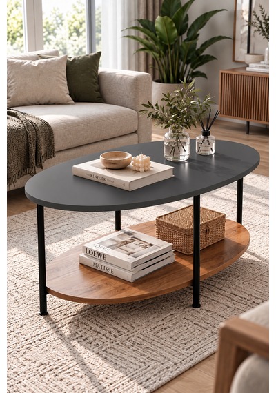 Oval Orta Sehpa 90 Cm İki Katlı Raflı Metal Ayaklı Modern Dekoratif Salon Sehpası Antrasit - Ceviz Oval Orta Sehpa 90 Cm İki Katlı Raflı Metal Ayaklı Modern Dekoratif Salon Sehpası Antrasit - Ceviz