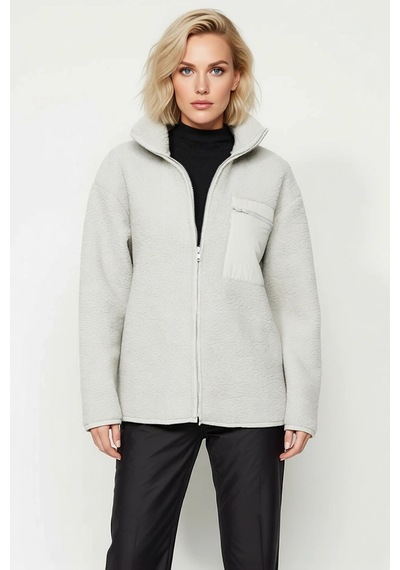 Benerly Kadın Dik Yaka Düşük Kol Tam Fermuarlı Peluş Sweatshirt Fonksiyon Gri