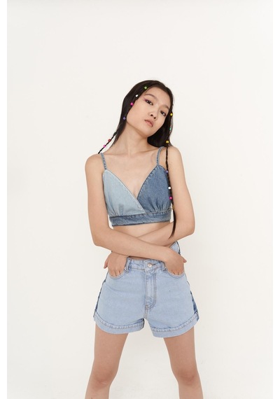Holly Lolly Yüksek Bell, Çift Renkli Mini Ocean Jean Şort Mavi