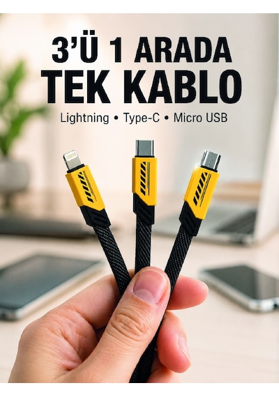 3'lü Şarj Kablosu Hızlı Şarj Destekli Dayanıklı Örgü Usb Kablo - Lisinya