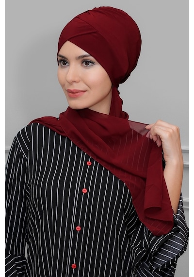 Hürrem Bone Bordo Pratik Hazır Geçmeli Tesettür Bone Sandy Kumaş Çapraz Büzgü (545491089) Bordo
