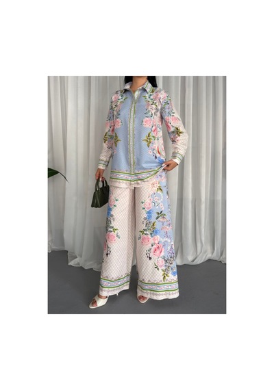 Wellway İthal Babel Kumaş Çiçekli Tunik Gömlek & Pantolon 2li Takım-pembe -26107 Pembe