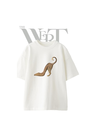 Thewert Leopar Pompa Tasarım Baskılı Ünisex Beyaz Oversize T-shirt