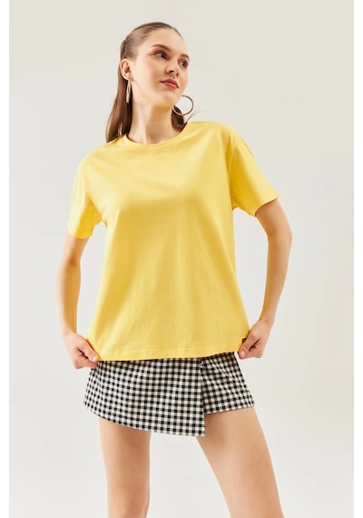 Kadın Oversize Rahat %100 Pamuklu Penye Bisiklet Yaka Kısa Kol Basic T-shirt Sari
