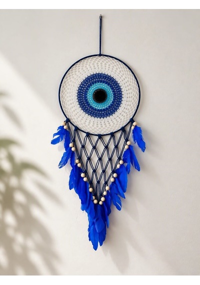 Nazar Motifli Düş Kapanı Rüya Kapanı Dream Catcher Mavi Tüylü Bohem Duvar Süsü Bohem El Yapımı Düş Kapanı