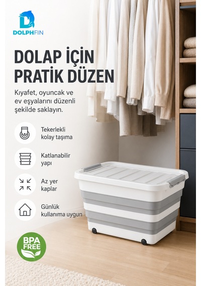 30 L Katlanabilir Kapaklı Saklama Organizeri Mutfak Kiler Dolap İçi Düzenleyici Kutu Beyaz - Gri