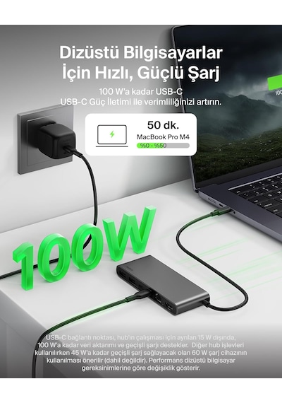 Belkin Connect 8 Portlu Usb-c Hub, 4k 60hz'100 W Pd, 10 Gbps Veri Aktarım Hızı Ve 2,5 Gbps Ethernet - Gri