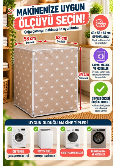 Kalp Desenli Çamaşır Makinesi Kılıfı Bej Kapitone Su Geçirmez Çift Fermuarlı 63x58x84 Cm Koruyucu Ev Kahverengi - Beyaz Kalp Desenli Çamaşır Makinesi Kılıfı Bej Kapitone Su Geçirmez Çift Fermuarlı 63x58x84 Cm Koruyucu Ev Kahverengi - Beyaz