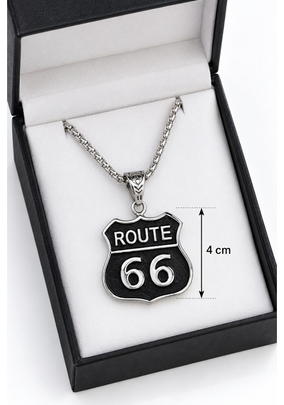 316l Çelik Route 66 Amblem Erkek Kolye Gümüş Renk Zincirli Yol Temalı Tasarım Altın - Gümüş