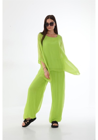 Bohem Stil İtalyan Yarasa Kol İpek Bluz-8869 Fıstık Yeşili