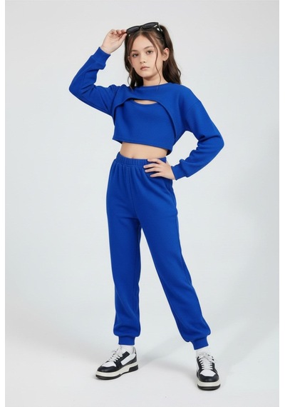 Aden Kids Kız Çocuk Krop Model Alt Üst Takım Toplam 3 Parça Saks