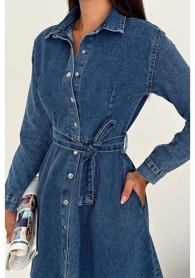 Noa & Noa Kadın Kuşaklı Düğmeli Denim Elbise Timeless Fit Mavi