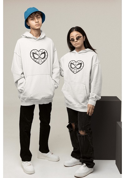 Beyaz Kalp Spider Sevgili/cift/arkadaslık/2'li Kapsonlu Sweatshirt Seti
