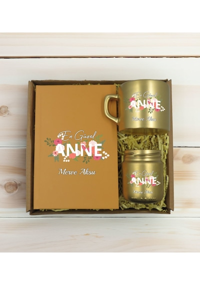 Bk Gift Kişiye Özel İsimli Dtf Anne Temalı Gold Defter & Kahve Fincanı & Mum Hediye Seti-1, Anneye Hediye, Anneler Günü Hediyesi Kobitmeyencom30765 Bk