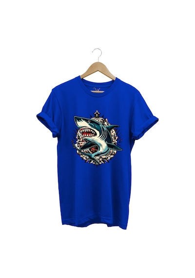 Köpek Balığı Baskılı Deniz Kum Güneş Shark Baskılı Regular Fit %100 Pamuk Mavi T-shirt Saks Mavi