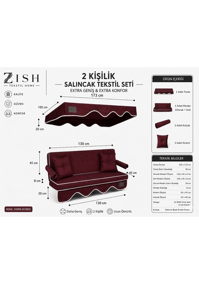 Altaleno 2 Kişilik 130 45 Cm Süngerli Bahçe Balkon Salıncak Minderi Yıkanabilir Kılıflı, Tenteli Keten Kumaş Tekstil Seti 24 Dns 8 Cm Orta Sert Sünger Bordo