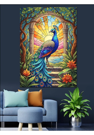 Ahşap Tablo Vitray Desenli Tavus Kuşu